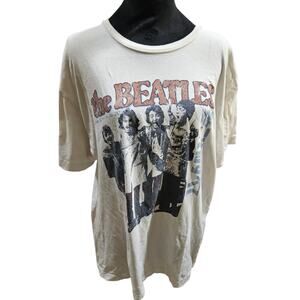 Vintage Beatles 1966 Japan Tour T-Shirt Cream Distress Retro Graphic Tee Size S